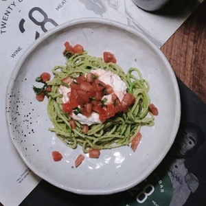 Spaghetti with pesto, ricotta and tomato salsa