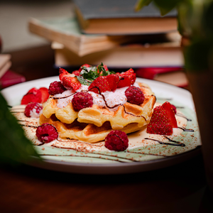 Belgian waffles with cottage cheese mousse and wild berries