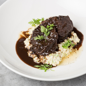 Beef cheeks with celery risotto